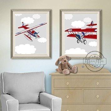 Airplane Nursery Prints - Airplane Baby Boy Nursery Baby Shower Gift- Unframed Prints - Set of 2