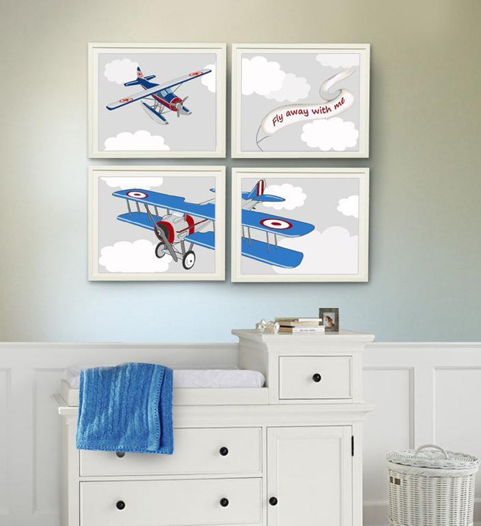 Airplane Wall Decor, Airplane Nursery Art, Boy Nursery Art Prints - Unframed Prints - Set of 4