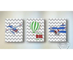 Airplanes &amp; Hot Air Balloon Kid Room Canvas Wall Art - Aviation Travel Decor - Set of 3Baby ProductMuralMax Interiors