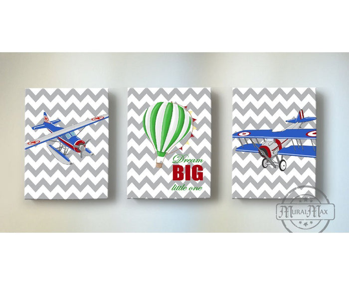 Airplanes & Hot Air Balloon Kid Room Canvas Wall Art - Aviation Travel Decor - Set of 3