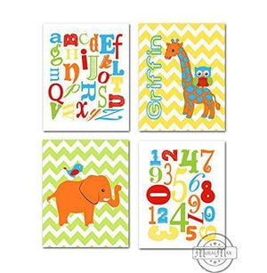Alphabet and Number Nursery Art -  Elephant &amp; Giraffe Prints - Set of 4 - Unframed PrintsBaby ProductMuralMax Interiors