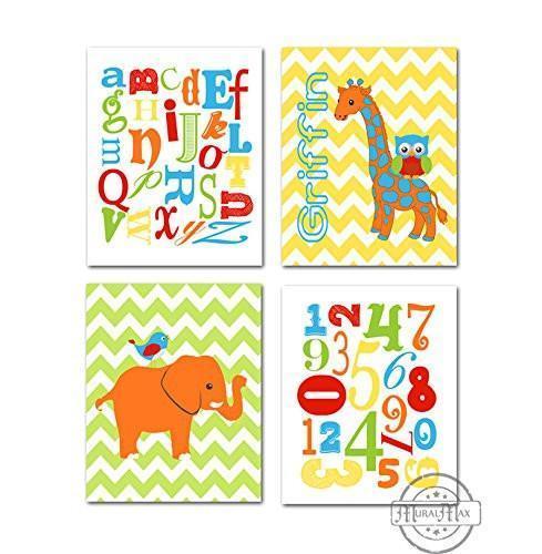Alphabet and Number Nursery Art -  Elephant & Giraffe Prints - Set of 4 - Unframed Prints