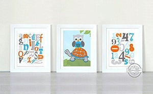 Alphabet and Numbers Owl Nursery Art - Unframed Prints - Set of 3-Blue Orange DecorBaby ProductMuralMax Interiors