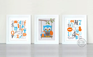 Alphabet and Numbers Owl Nursery Art - Unframed Prints - Set of 3-Blue Orange DecorBaby ProductMuralMax Interiors