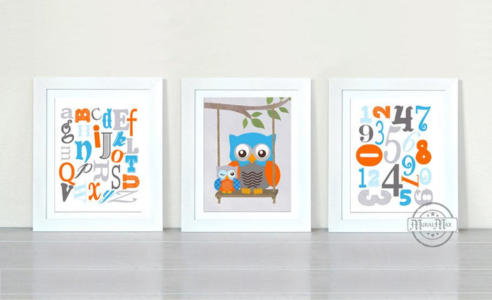 Alphabet and Numbers Owl Nursery Art - Unframed Prints - Set of 3-Blue Orange Decor
