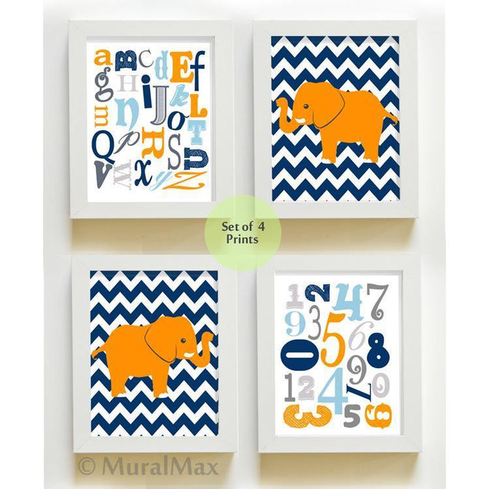 Alphabet & Numbers Boys Room Wall Art - Set of 4 Navy Orange Elephant Decor - Unframed Prints