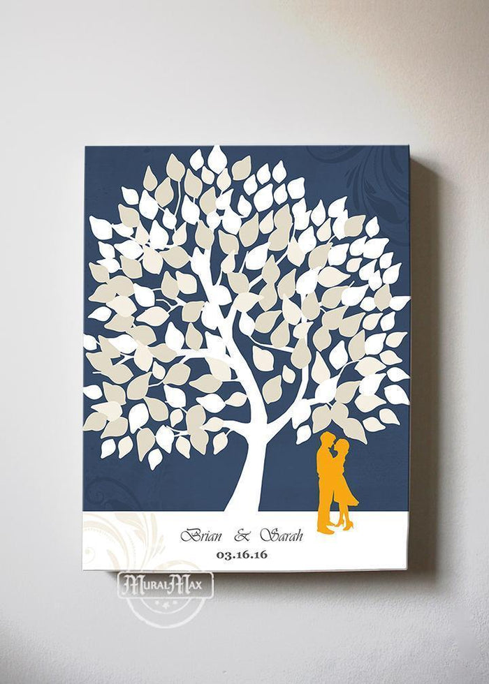 Alternative Guest Book Tree - Personalized Family Tree & Lovebirds Canvas Wall Art - Unique Wall Decor - Navy Wedding