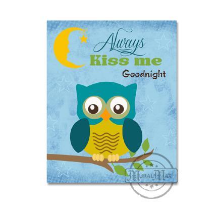 Always Kiss Me Good night Baby Boy Owl Nursery Print - Unframed Print-Blue Multi