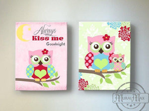 Always Kiss Me Good Night - Floral Mums Owl Nursery Art For Girls - Canvas Decor - Set of 2Baby ProductMuralMax Interiors