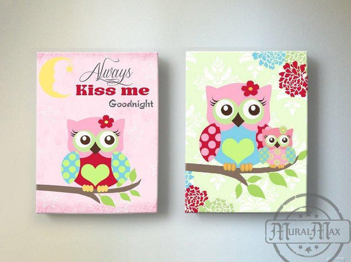 Always Kiss Me Good Night - Floral Mums Owl Nursery Art For Girls - Canvas Decor - Set of 2