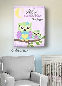 Always Kiss Me Good Night Purple Owl Nursery Decor - Canvas Wall Art