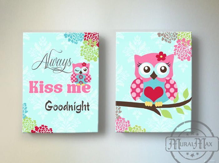 Always Kiss Me Goodnight Aqua And Pink Baby Girl Nursery Decor Floral Mums Nursery Owl Canvas Art - Set of 2