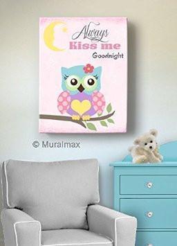 Always Kiss Me Goodnight Canvas Nursery Decor - Owl Nursery Art In Pink Purple