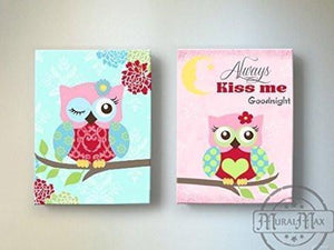 Always Kiss Me Goodnight Floral Owl Canvas Art Decor - Set of 2-Pink Aqua Red DecorBaby ProductMuralMax Interiors