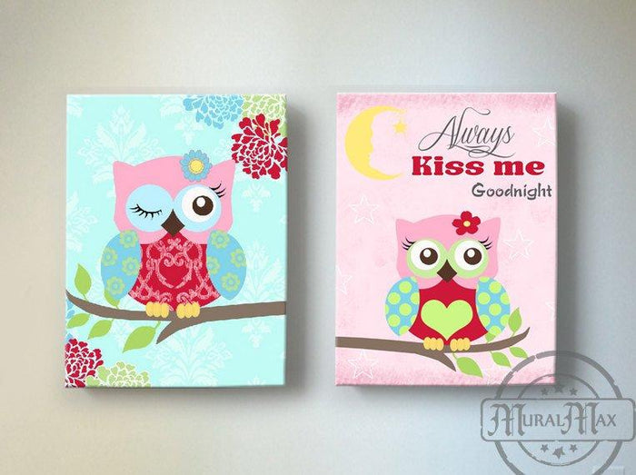 Always Kiss Me Goodnight Floral Owl Canvas Art Decor - Set of 2-Pink Aqua Red Decor