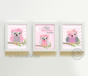 Always Kiss Me Goodnight Pink &amp; Gray Owl Nursery Print - Unframed Prints - Set of 3Baby ProductMuralMax Interiors