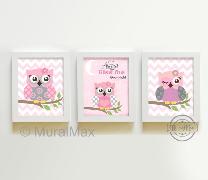Always Kiss Me Goodnight Pink & Gray Owl Nursery Print - Unframed Prints - Set of 3