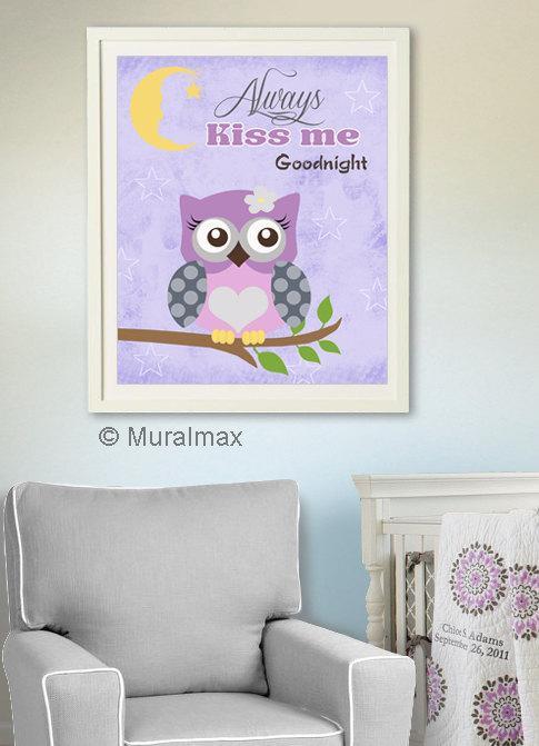 Always Kiss Me Goodnight Purple Owl Nursery Art - Unframed Print