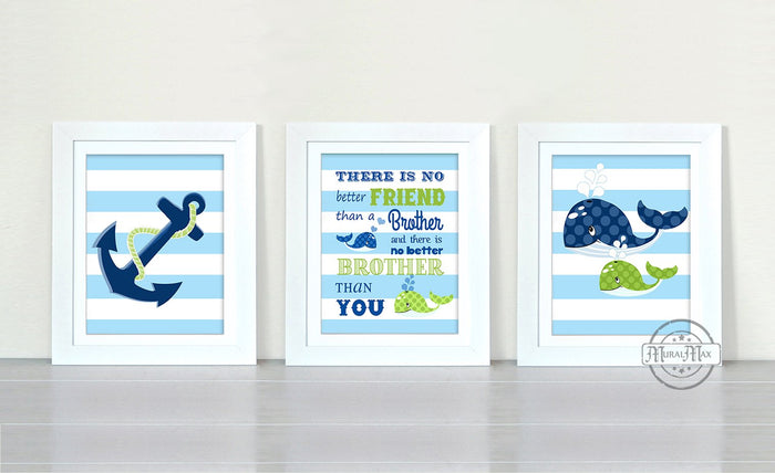 Anchor & Whales Brother Room Decor-Brother Quote Nautical Print- Set of 3 - Unframed Prints