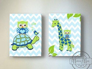 Animal Nursery Art - Turtle &amp; Giraffe Safari Decor for Boys - Canvas Art - Set of 2 Blue Green DecorBaby ProductMuralMax Interiors