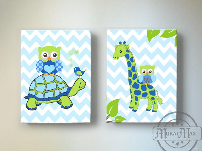Animal Nursery Art - Turtle & Giraffe Safari Decor for Boys - Canvas Art - Set of 2 Blue Green Decor