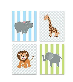 Animal Nursery Decor - Polka Dots &amp; Stripes Elephant Lion Giraffe &amp; Hippo - Set of 4 - Unframed PrintsBaby ProductMuralMax Interiors