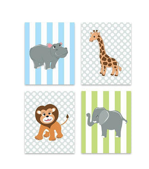Animal Nursery Decor - Polka Dots &amp; Stripes Elephant Lion Giraffe &amp; Hippo - Set of 4 - Unframed PrintsBaby ProductMuralMax Interiors