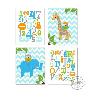 Animals &amp; Alphabet Nursery Prints - Owls &amp; Giraffe Educational Theme - Set of 4 - Unframed PrintsBaby ProductMuralMax Interiors