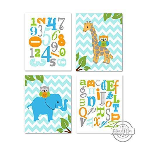 Animals & Alphabet Nursery Prints - Owls & Giraffe Educational Theme - Set of 4 - Unframed Prints
