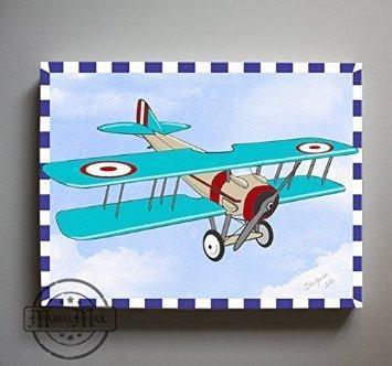 Aviation Nursery Art - Kids Room Playroom Decor - Vintage Biplane Canvas Art-B018ISGHSO