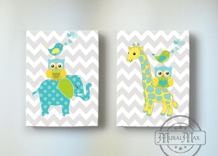 Baby Animals Nursery Art - Elephants & Giraffe Chevron Canvas Art Decor - Set of 2
