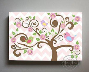 Baby Bird Nursery Art - Floral Tree and Birds Canvas Nursery Art - Pink Purple Room DecorBaby ProductMuralMax Interiors
