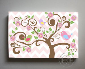 Baby Bird Nursery Art - Floral Tree and Birds Canvas Nursery Art - Pink Purple Room DecorBaby ProductMuralMax Interiors