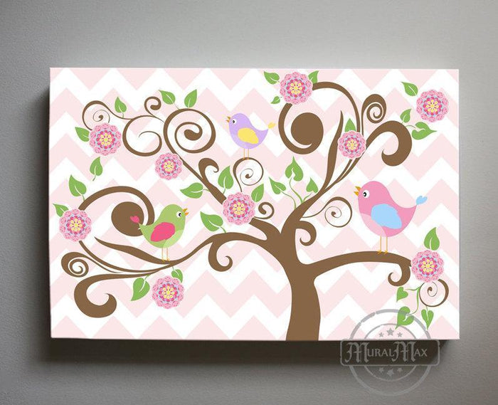 Baby Bird Nursery Art - Floral Tree and Birds Canvas Nursery Art - Pink Purple Room Decor
