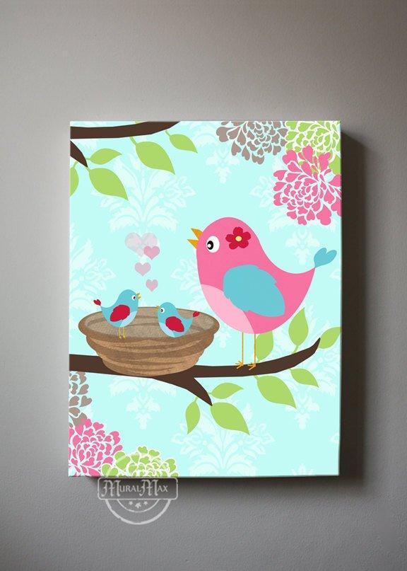 Baby Birds Bird Nest Girl Nursery Decor - Girl Room Floral Canvas Art-Aqua Pink Decor