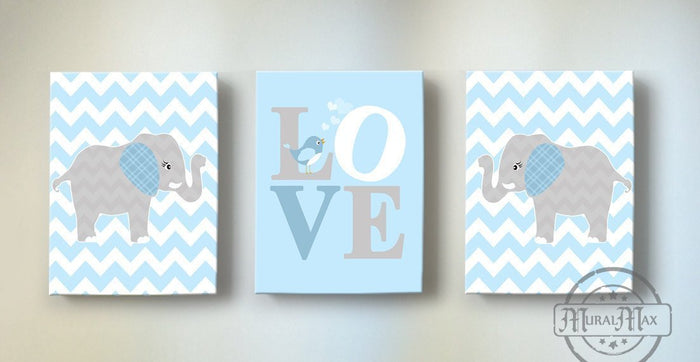 Baby Blue and Gray Love Nursery Canvas Art - Inspirational Quote - The Elephant Collection - Chevron Canvas Art Decor - Set of 3