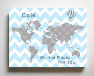 Baby Blue and Gray Map Nursery Wall Art - Personalized Dr Seuss Nursery Decor - Oh The Places You'll Go - MuralMax Interiors