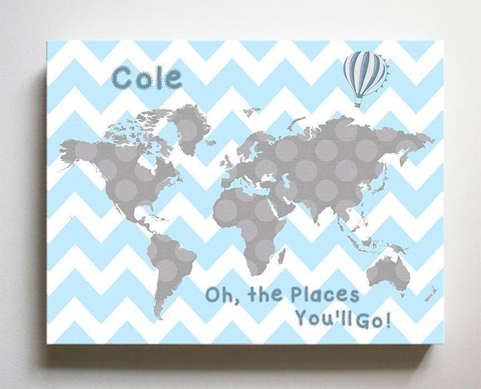 Baby Blue and Gray Map Nursery Wall Art - Personalized Dr Seuss Nursery Decor - Oh The Places You'll Go