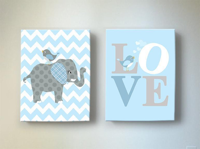 Baby Blue Elephant Nursery Art - Love Inspirational Quote - The Elephant Collection - Set of 2