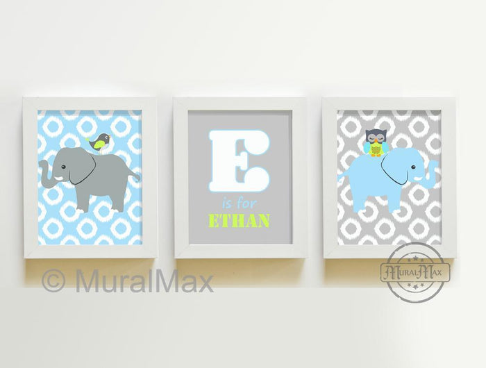 Baby Blue Gray Boy Nursery Decor - Personalized Elephant Nursery Collection - Unframed Prints - Set of 3