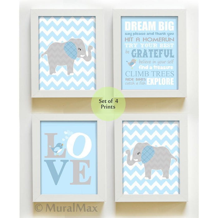 Baby Blue Gray Decor Elephant Dream Big Baby Boy Nursery Art - Set of 4 - Unframed Prints