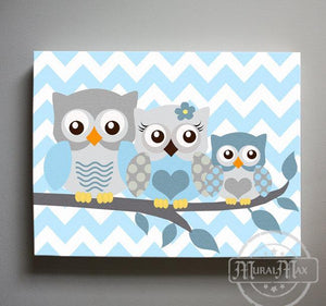 Baby Blue Nursery Art - Owl Family Of 3 Canvas Nursery Decor For Baby BoysBaby ProductMuralMax Interiors
