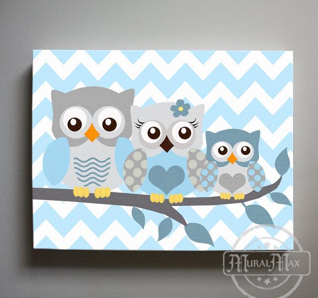 Baby Blue Nursery Art - Owl Family Of 3 Canvas Nursery Decor For Baby Boys