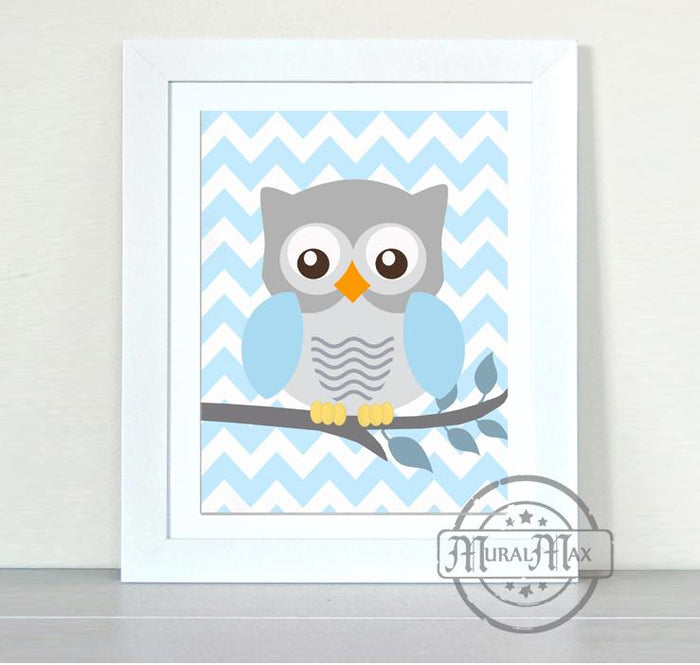 Baby Blue Owl Nursery Art - Modern Chevron Nursery - Unframed Print