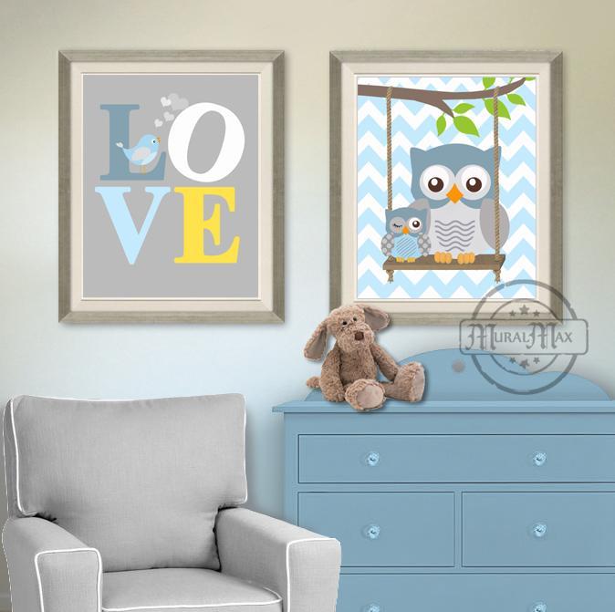 Baby Blue Owl Nursery Print Collection - Unframed Prints - Set of 2-Baby Blue Gray Decor
