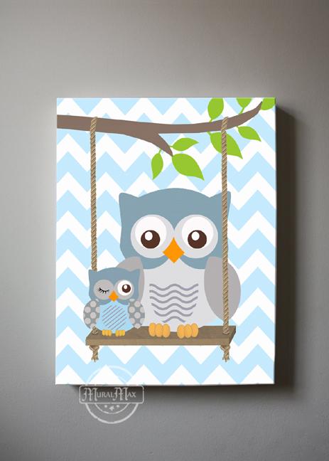 Baby Blue Owls Boy Nursery Decor - Canvas Art -The Owl Collection