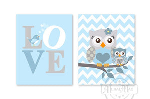 Baby Blue Owls &amp; Love Nursery Art - Set of 2 - Unframed PrintsBaby ProductMuralMax Interiors