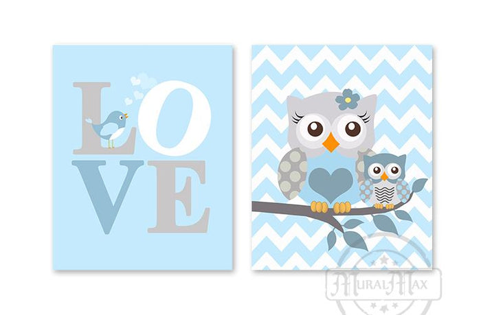 Baby Blue Owls & Love Nursery Art - Set of 2 - Unframed Prints