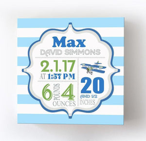 Baby Boy Birth Announcements Canvas Art - Airplane Nursery Decor - Baby Shower GiftsBaby ProductMuralMax Interiors