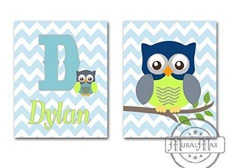 Baby Boy Decor - Personalized Nursery Owl Nursery Art - Unframed Prints - Set of 2